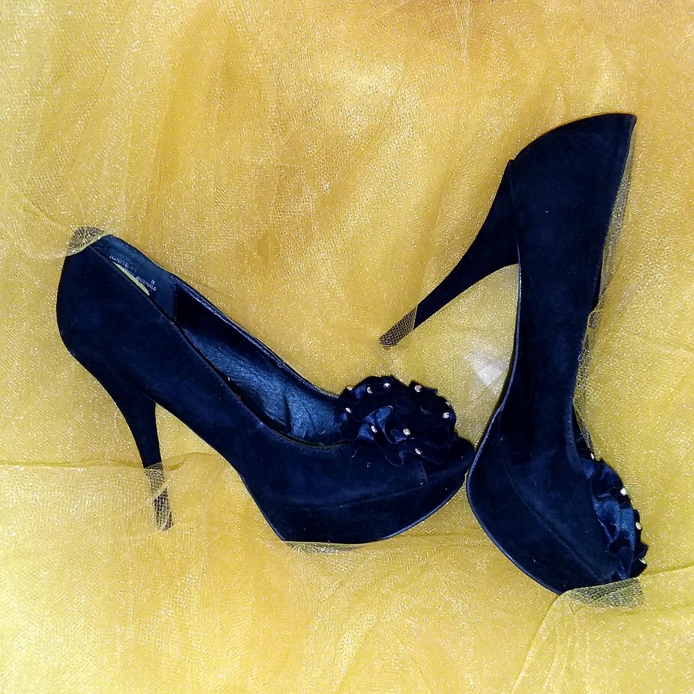 Black Dollhouse Crystal Flower Peeptoe Pump Heels